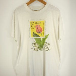 Vtg Mice Watering Flower Stamp Graphic Sleep Shirt Adult OS Distressed All USA